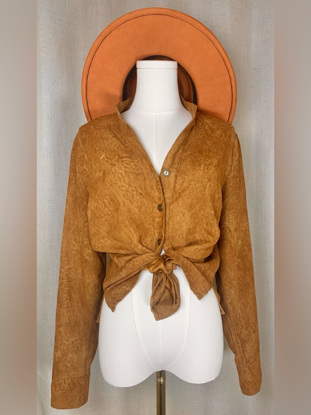 Vintage Christopher & Banks Faux Suede Button Front Blouse | Camel Tan | Small